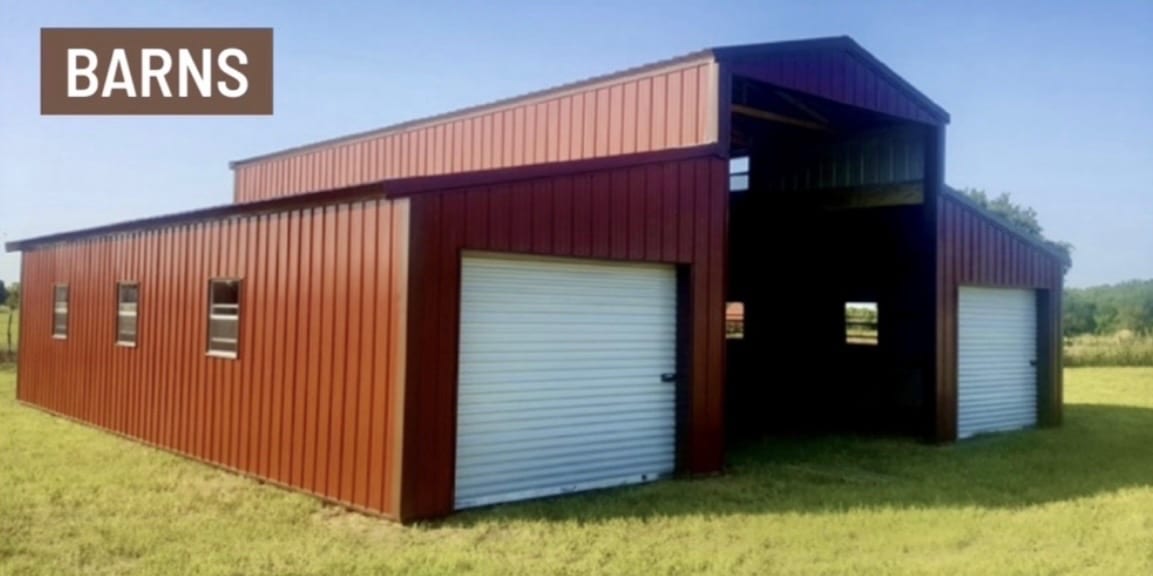 Rust red steel barn with a black raised centre, two white roll-up doors on the long side and an open drive through bay