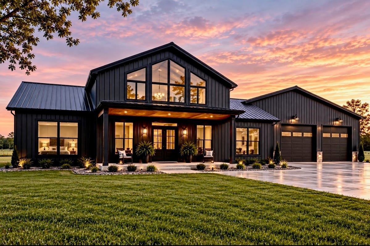 Dark barndominium home at sunset with a tall gable window wall, a covered front porch and a two car garage on the right
